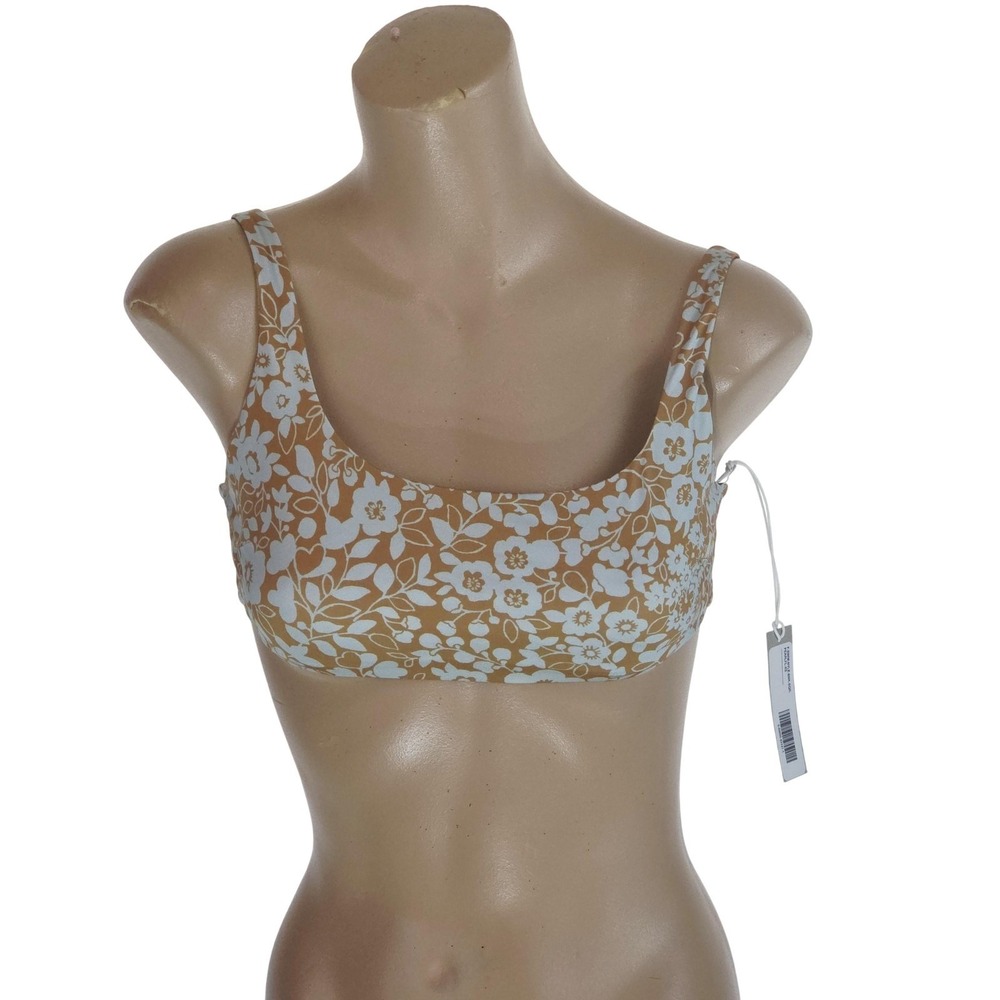Floral Swim Top Womens XS Brown Blue Bralette Bikini Adjustable Straps Stretch